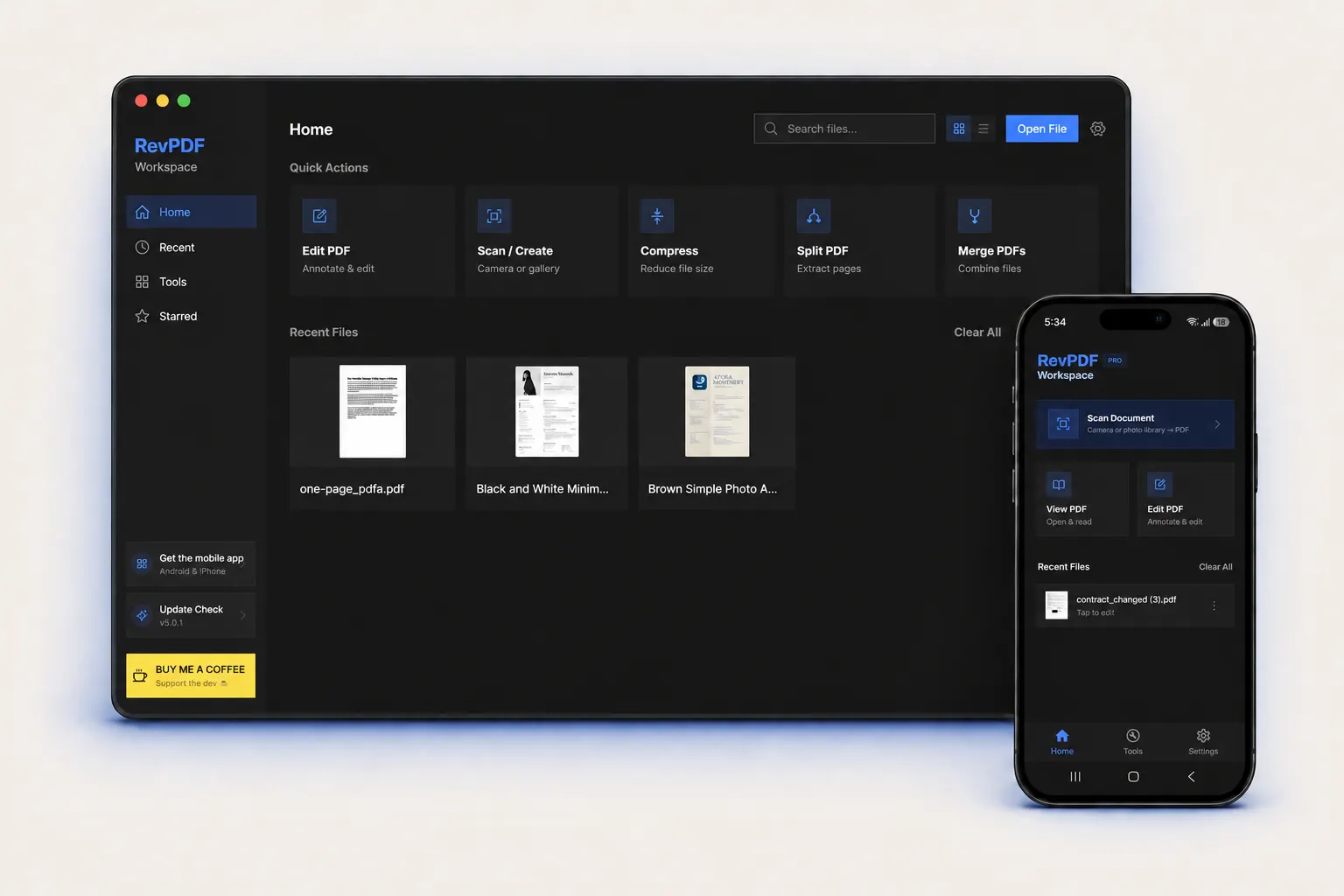RevPDF home workspace showing edit, scan, compress, split and merge tools alongside the mobile app